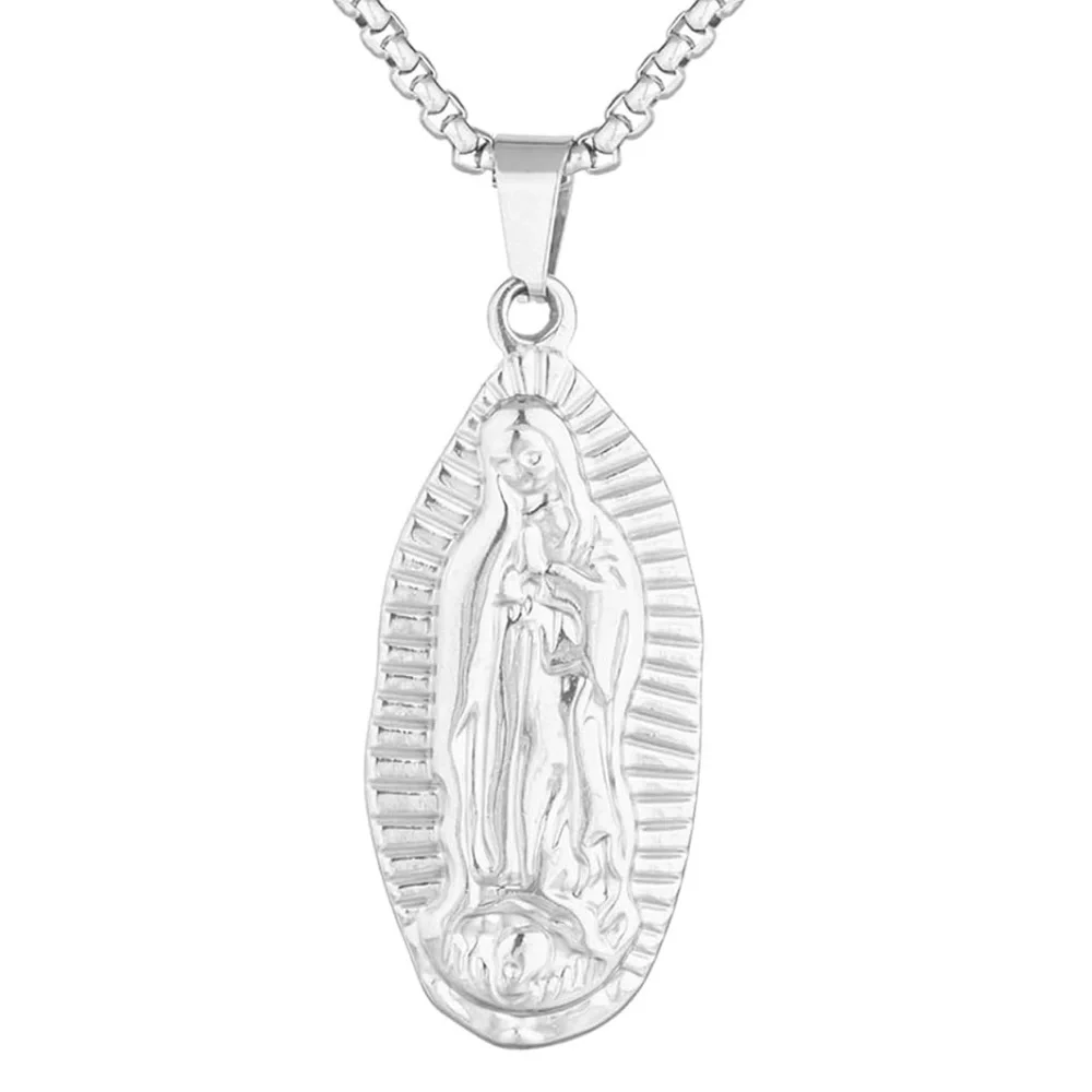 20” Guadalupe Virgin Mary Pendant Necklaces Men 18K Gold Plated Silver Tone